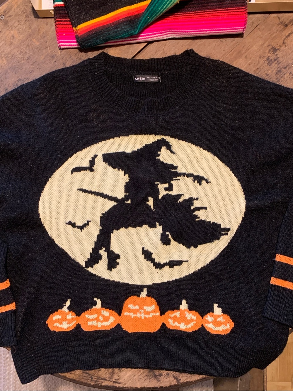 SHEIN Black Crewneck Sweater with Cream Witch and Orange Pumpkins